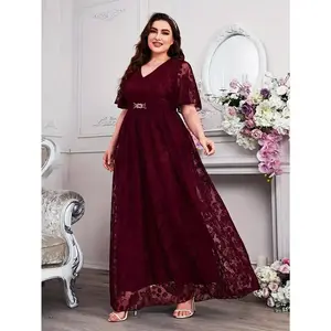 Plus-Size Women’s Solid Floral Lace Swing Maxi Dress – Elegant cinched waist, flutter sleeves, V-neck – Suitable for parties and banquets – Designed for plus-size women – A perfect gift for formal occasions – Formal polyester peplum womenswear
