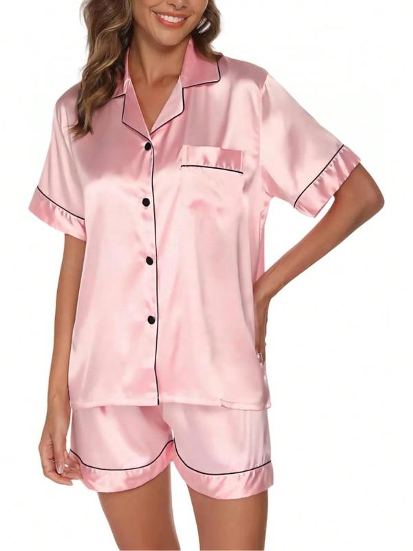 GAESHOW Silk Women Short Sleeve Button Down Sleepwear Loungewear 2 Piece Satin Pj SetsHalloween Christmas New Year - Light Green Leaf