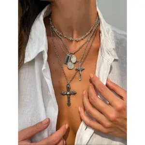 4-Piece Vintage Metal Geometric Circle Pendant Layered Necklace Set, Women's Punk Style Jesus Cross Pendant Jewelry, Unique Fashion Accessories, Jewelry Accessory