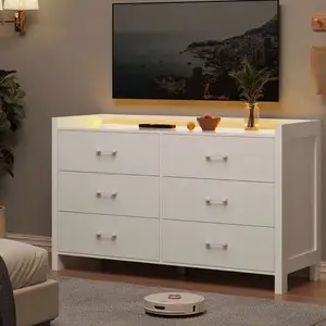 6-Drawer Double Dresser with LED Lights - Chest of Drawers for Bedroom, Hallway