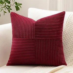 Set of 1 Decorative Throw Pillow Cover Soft Corduroy Square Pillow Farmhouse Boho Striped Patchwork Textured Cushion Cover for Sofa Car Bed Living Room 26x26 Inch, Burgundy