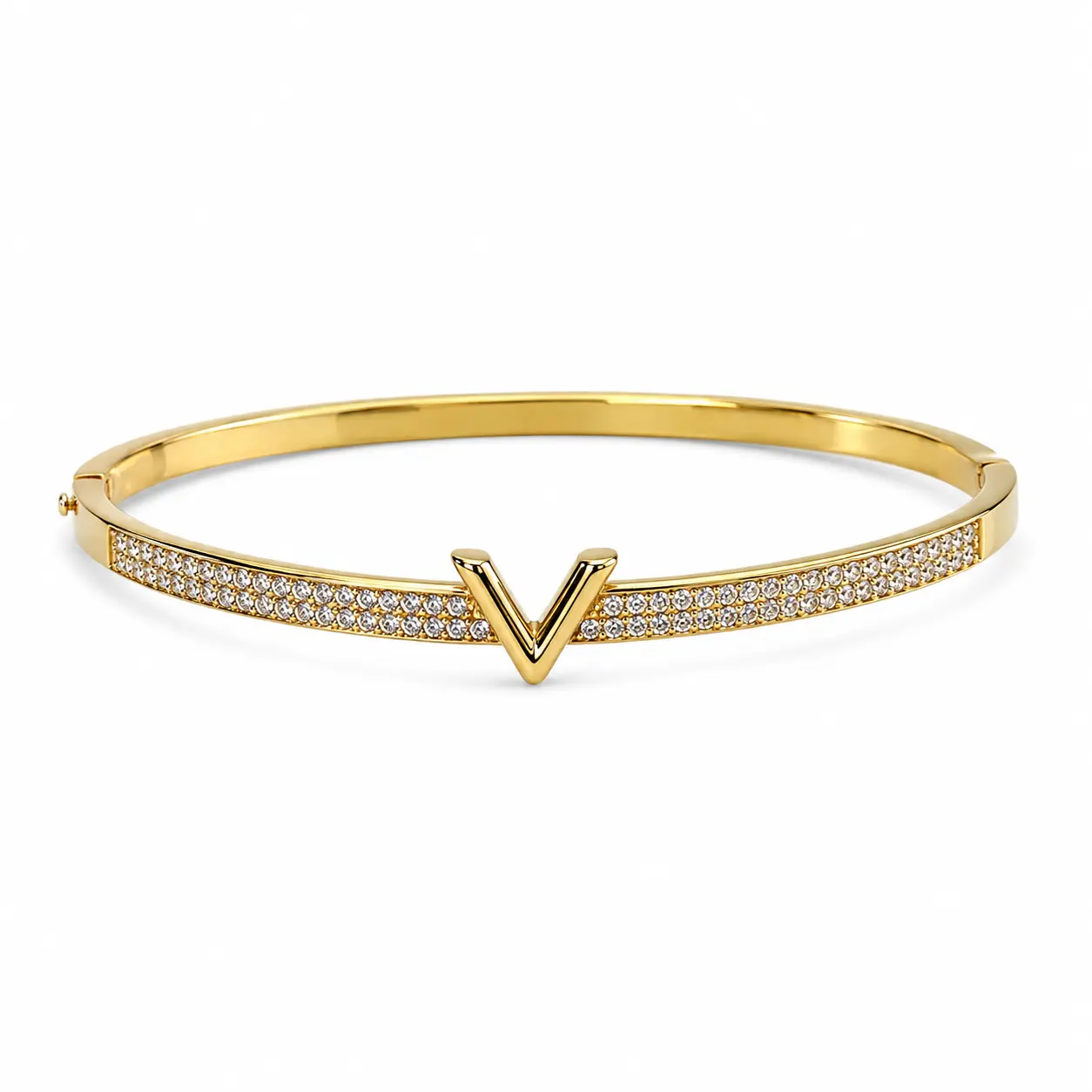 Women's Gold-Tone Chevron Accent Bangle Bracelet with Double-Row Clear Stones, Slim Alloy Fashion Jewelry
