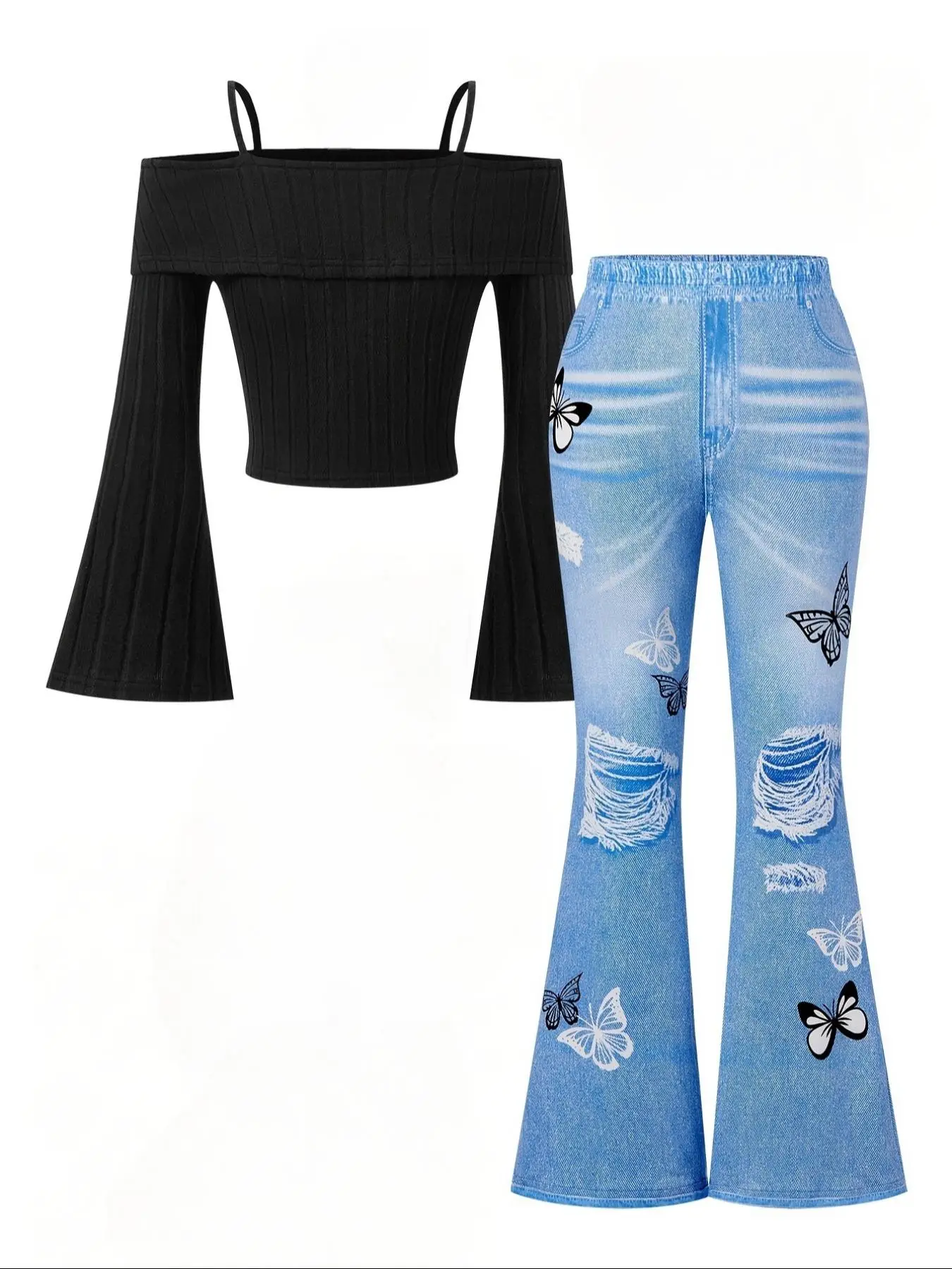 Two-piece Set Toddler Girl's Cold Shoulder Tee & Butterfly Print Flare Leg Pants Set, Elegant Fashion Casual Long Sleeve Top & Bell Bottom Trousers fo