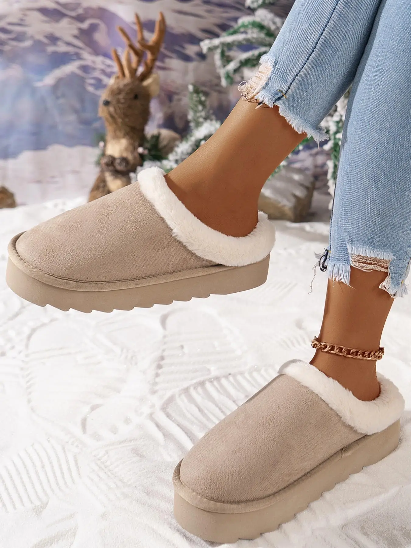 1 Pair Women's Solid Color Plush Slippers, Casual Comfortable Silent Anti-slip Home Slippers for Fall & Winter, Fluffy Winter House Shoes for Indoor a