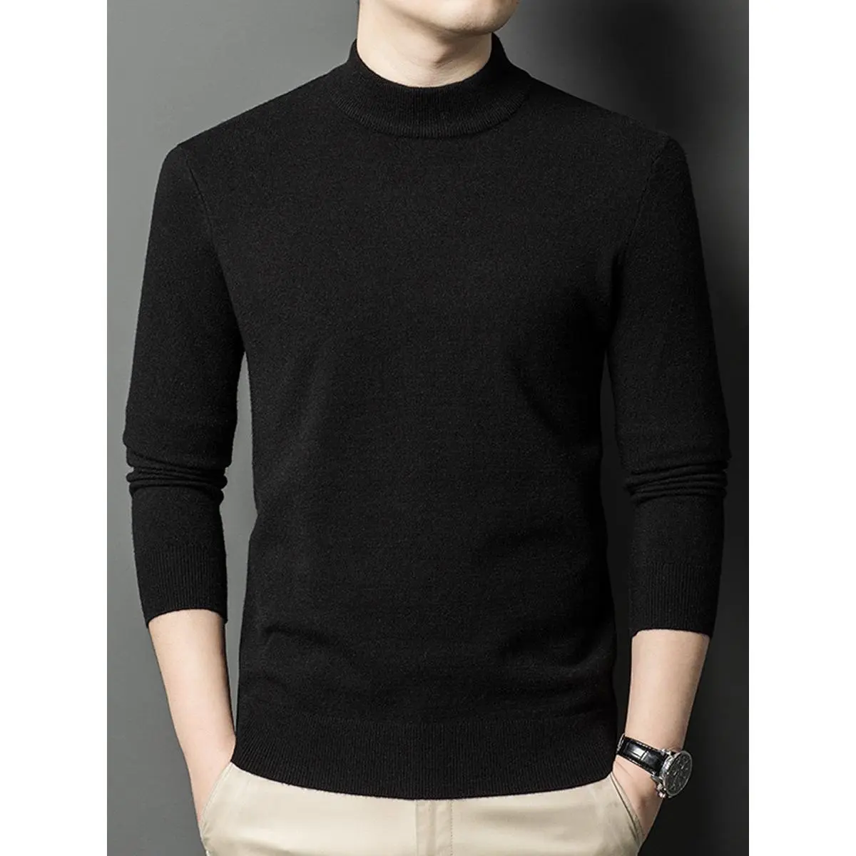 Men's Mock Neck Pullover Sweater, Plain Solid Color Long Sleeve Base Layer Top for Spring and Autumn Menswear, Sweatshirts, Longsleeves, Casual, Basic, Clothes, Normal Type