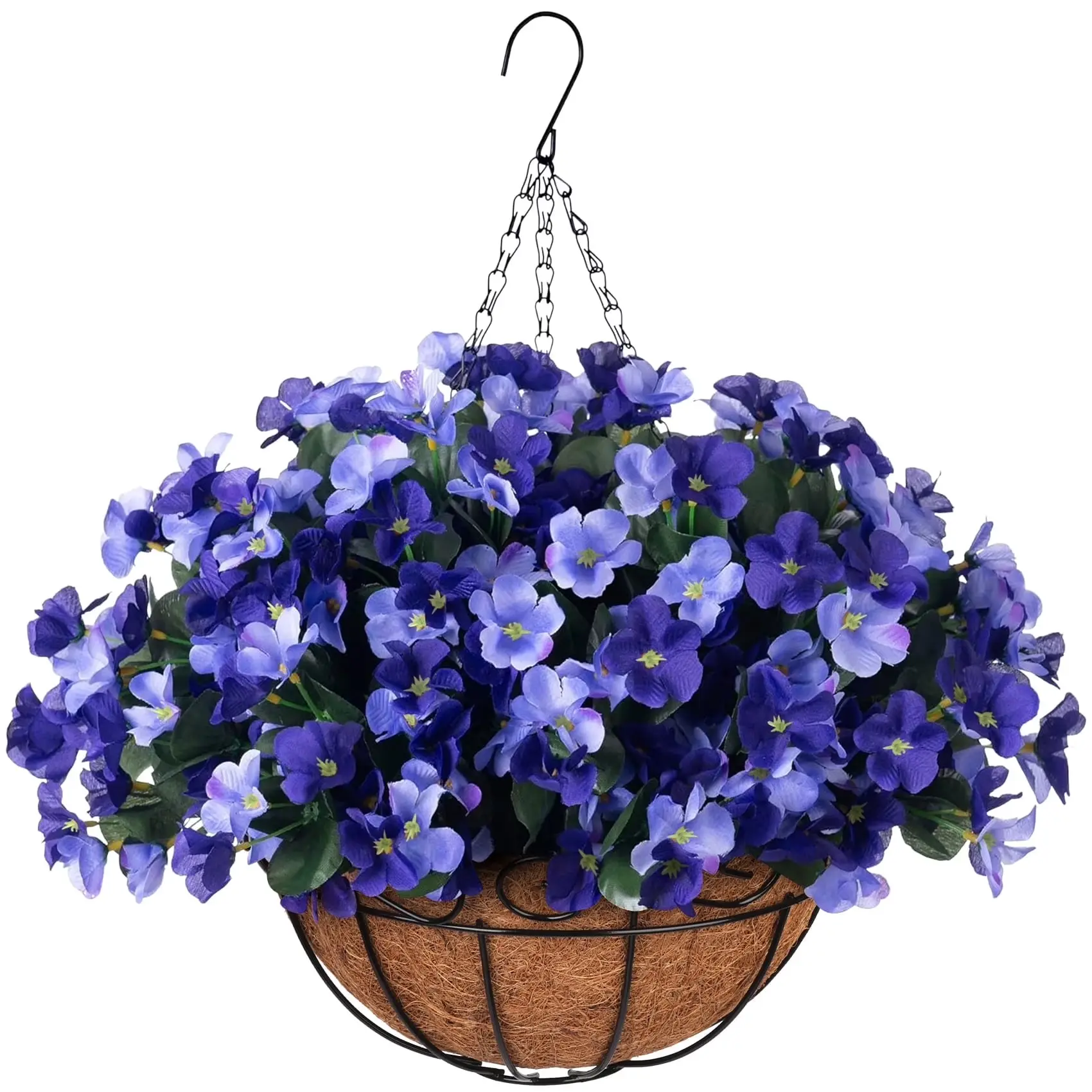 Artificial Hanging Hydrangea Flowers with Coconut Basket, Faux Hanging Plant for Porch Patio Balcony Garden Outdoor Home Decor