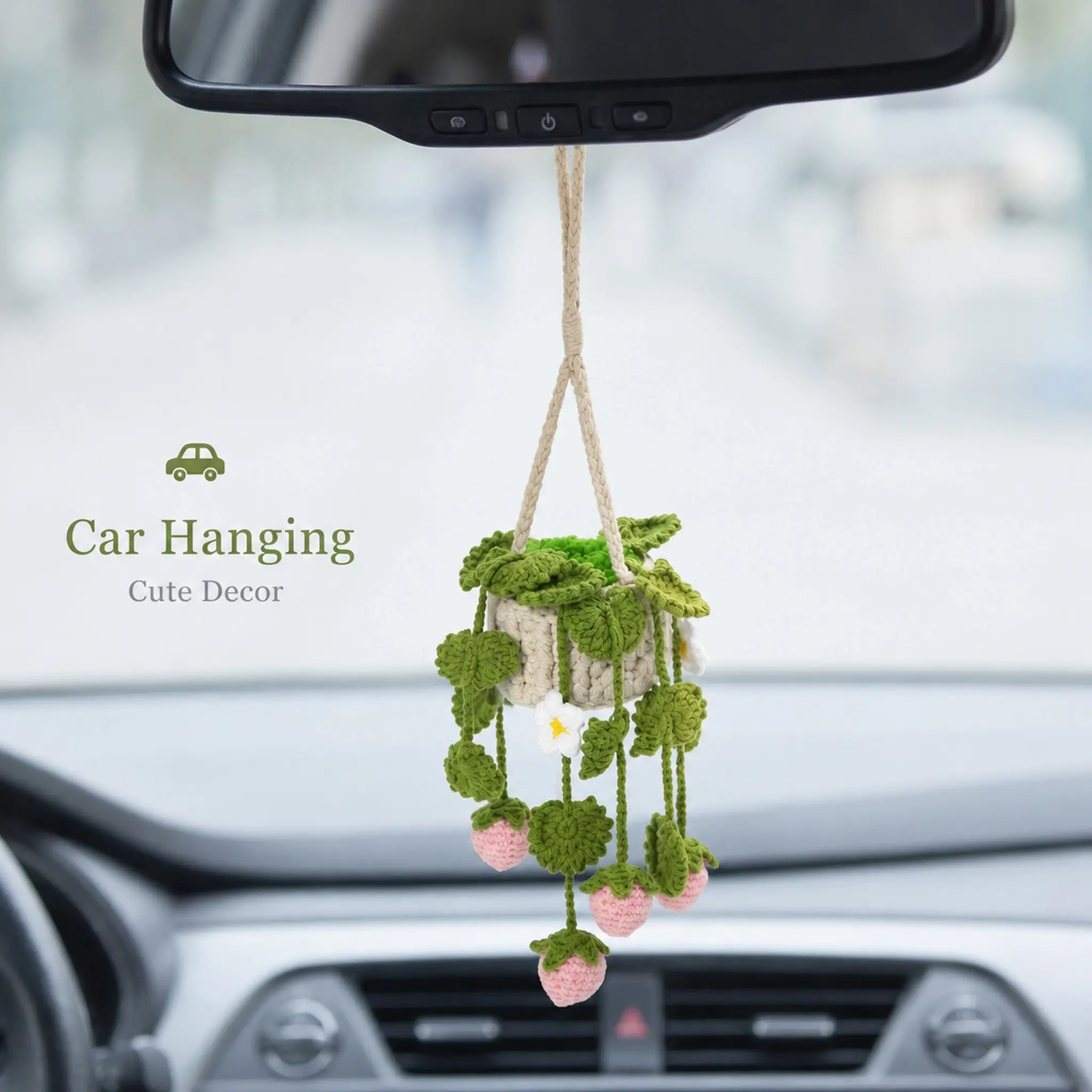Strawberry Hanging Planter Cute Knitted Hanging Plant with Leaves  Car Rearview Mirror Ornament Boho Cottagecore Wall Decor for Home Bedroom Office Car Interior Aesthetic Gift for Girls Women Bouquet Handmade Crochet Flower Realistic Tropical Palm