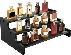 Wooden Cologne Organizer for Men, 3 Tier Perfume Display Stand with Anti-Slip Washers, Wooden Display Riser Shelf for Cologne, Makeup, Skincare, Cupcakes & Collectibles, Countertop Storage Organizer for Bathroom Vanity Bedroom Decor Black