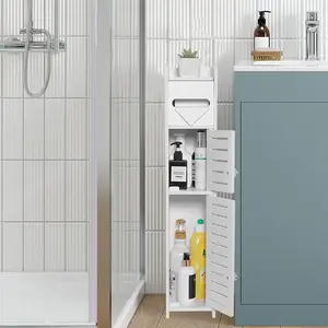 Storage Cabinet for Small Spaces, Over The Toilet Cabinet for Skinny Bathroom Storage Corner Floor, Slim Paper Holder with 2 Doors & Shelves (White)