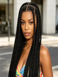 Knotless Box Braided Wig 360 Full Lace, Jumbo Braided Wigs for Women, Braided Lace Front Wig with Baby Hair, Synthetic Handmade Braids Wig