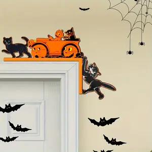 Halloween wooden door frame decoration, 1 gorgeous style wooden seasonal hanging sign with witch hat, spider, pumpkin elements, universal holiday wall art for families, farmhouses, living rooms, cafes, bars, Halloween decoration