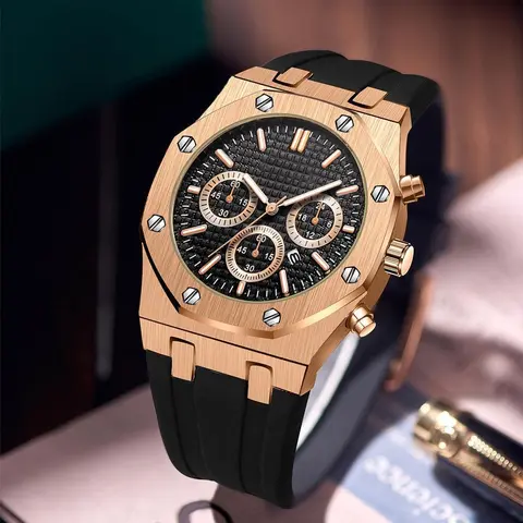 Men's Luxury High-End Presidential Style Rose Gold-Framed Analog Quartz Watch - Black Face, Rubber Strap, Stainless Steel, Sleek Masculine Chic Fashion Men's Accessory, Premium Wrist Watches #6