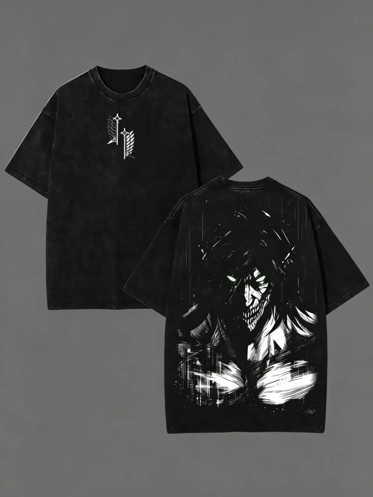 Retro Heavy Eren Yeager x Attack On Titan Ver 2 Anime Double Printed Men's Vintage Tee Washed Unisex Oversize Anime Manga Washed Heavyweight Cotton T-shirt, Anime Gift For Him Crewneck Oversized Short Sleeve Streetwear Relaxed Fit
