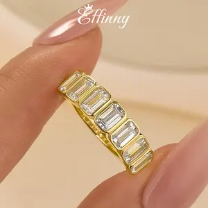 Effinny Jewelry 2.8ct Rectangle Cut Half Eternity Gold Plated Wedding Ring, S925 Sterling Silver Wedding Band, 5A Cubic Zirconia Stackable Ring for Women