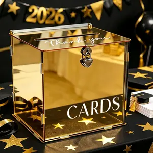Metallic Gold Mirror Acrylic Card Box with Lock & Slot, Classy Wedding Card Boxes for Reception, DIY Golden Money Envelope Gift Cards Box for Party Anniversary Graduation Shiny Table Decor