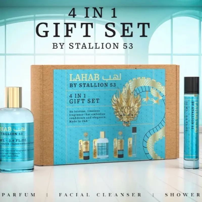 Stallion 53 Lahab 4 in 1 Gift Set Emper Eau de Parfum 3.4oz with Parfum Facial Cleanser & Shower Made in UAE