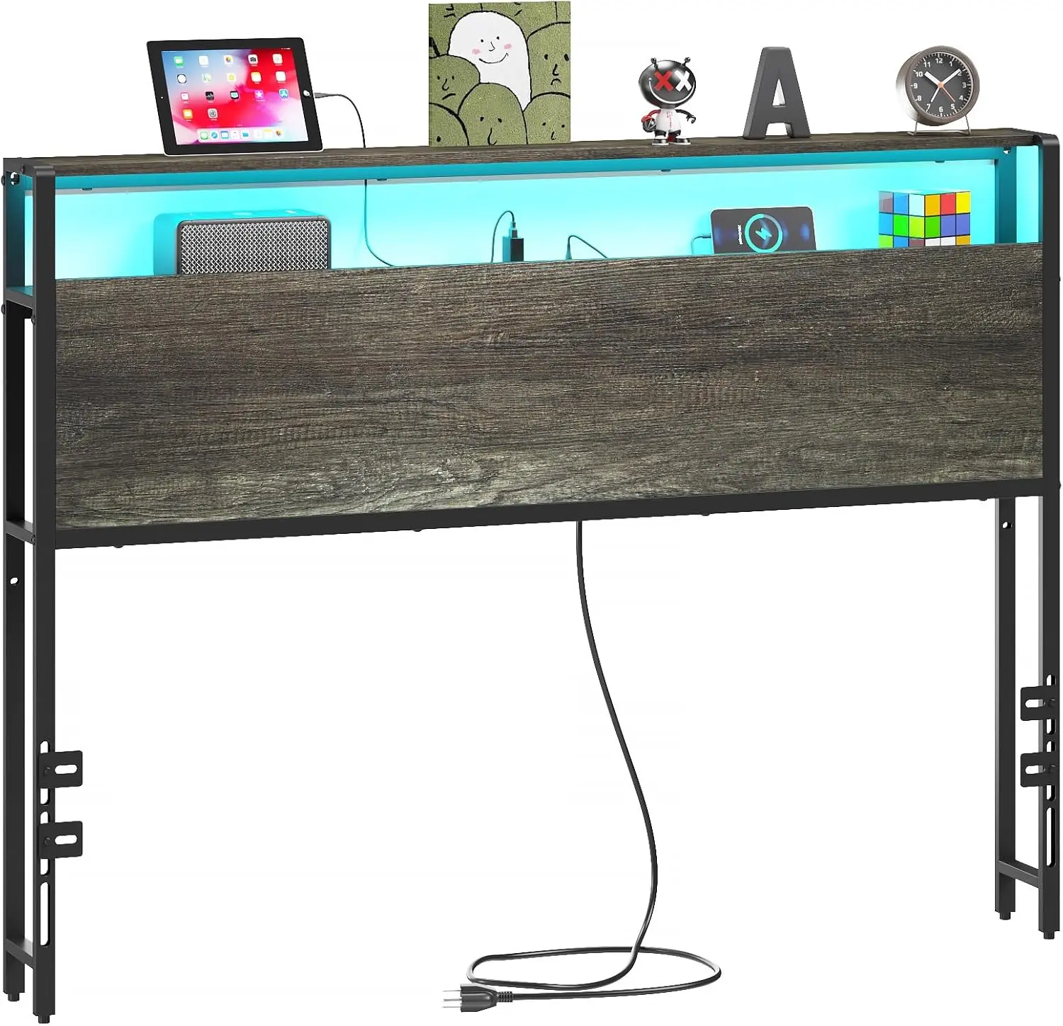 Full Sized Headboard with 2 Tiers Storage Shelves, Sturdy and  Headboard with  Station, USB Ports and LED Light for Full Bed Frame, Black Oak