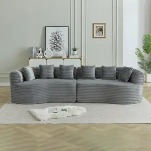 Curved Sectional Sofa, 111.5-inch Oversized Modern Bone-Free Cloud Sofa with 6 Pillows Luxury Corduroy Four-Seater Memory Foam Sofa with Deep Seat Design, grey