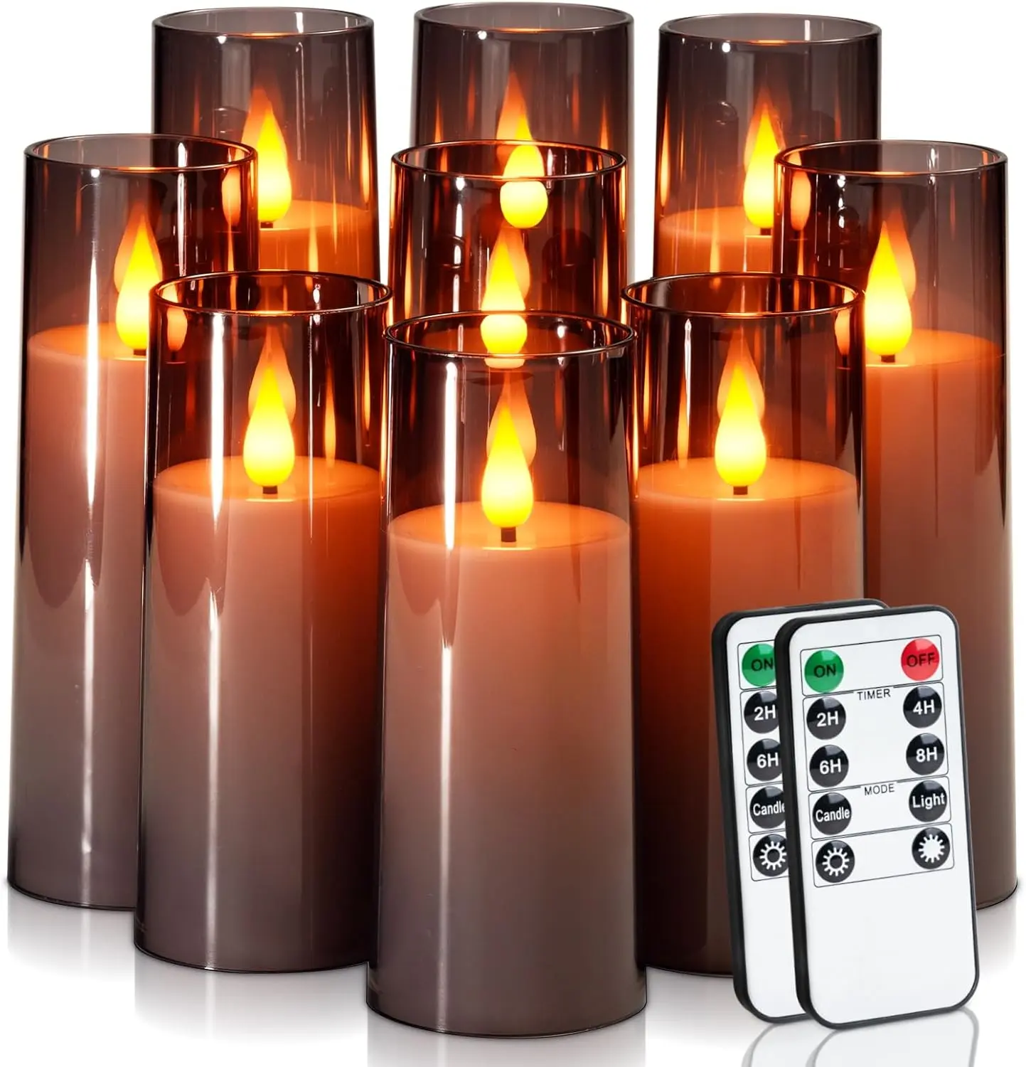9 PCS Grey Flameless Candles Battery Operated Candle with Remote Control and Timer, Flickering LED Pillar Candles for Home Halloween Decor, 3D Wick, Warm Yellow Light, D2.2 xH5 6" 7"Memorial Day Sale