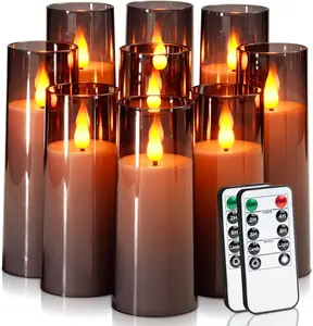Grey Flameless Candles 9 Set, Battery Operated Candles with Remote Control and Timer, Flickering LED Pillar Candles for Home Halloween Decor, 3D Wick, Warm Yellow Light, D2.2 xH5 6" 7"