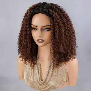 OQ HAIR Ombre Reddish Brown Kinky Curly Half Wig 3 In 1 Drawstring Wear Go Half Wigs No Lace No Glue Human Hair