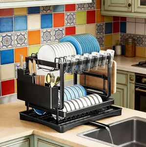 2-Tier Dish Racks for Kitchen Counter Multifunctional Stainless Steel Dish Drying Rack Large Capacity Plate Organizer for Bowls Cups Bottles