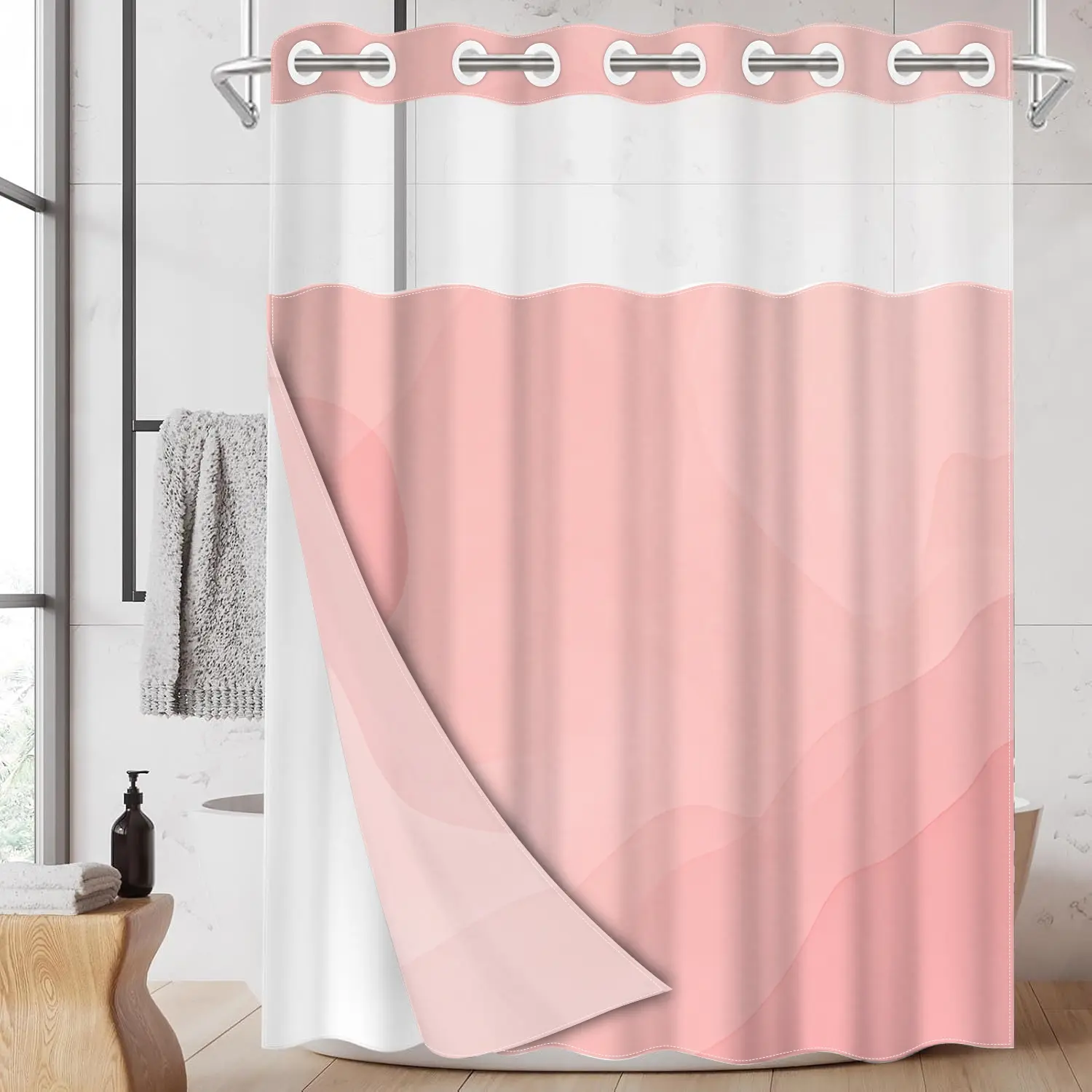 1pc hookless Girly shower curtain cute with buckle lining, pink abstract design 2D flat printing, fabric waterproof lining, see-through double-layer shower curtain, 71 x 74 inches, modern home draping curtain, Shower Curtain Liner