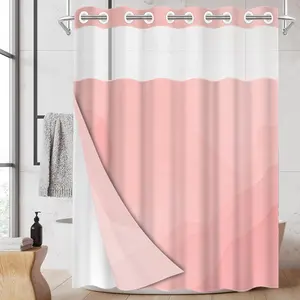 1pc hookless shower curtain with buckle lining, pink abstract design 2D flat printing, fabric waterproof lining, see-through double-layer shower curtain, 71 x 74 inches, modern home draping curtain.