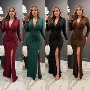 Eliana Long Sleeve Side Twist V Neck Gown