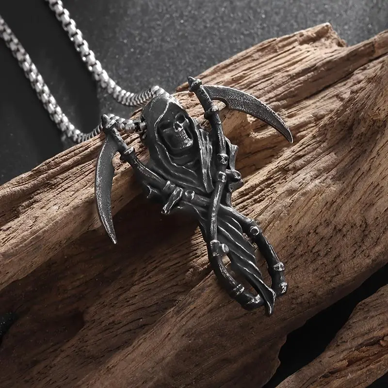 A vintage gothic-style grim reaper scythe skull pendant necklace for men and women, perfect for punk rock fashion and halloween party gifts