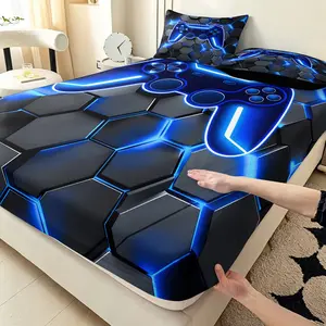 3pc Cool Blue Gaming Controller Digital Print Bedding Set, including 1 bed sheet and 2 pillow covers (without filling material), available in multiple sizes. It is an ideal gift for friends on special occasions and suitable for bedrooms, guest rooms, etc.