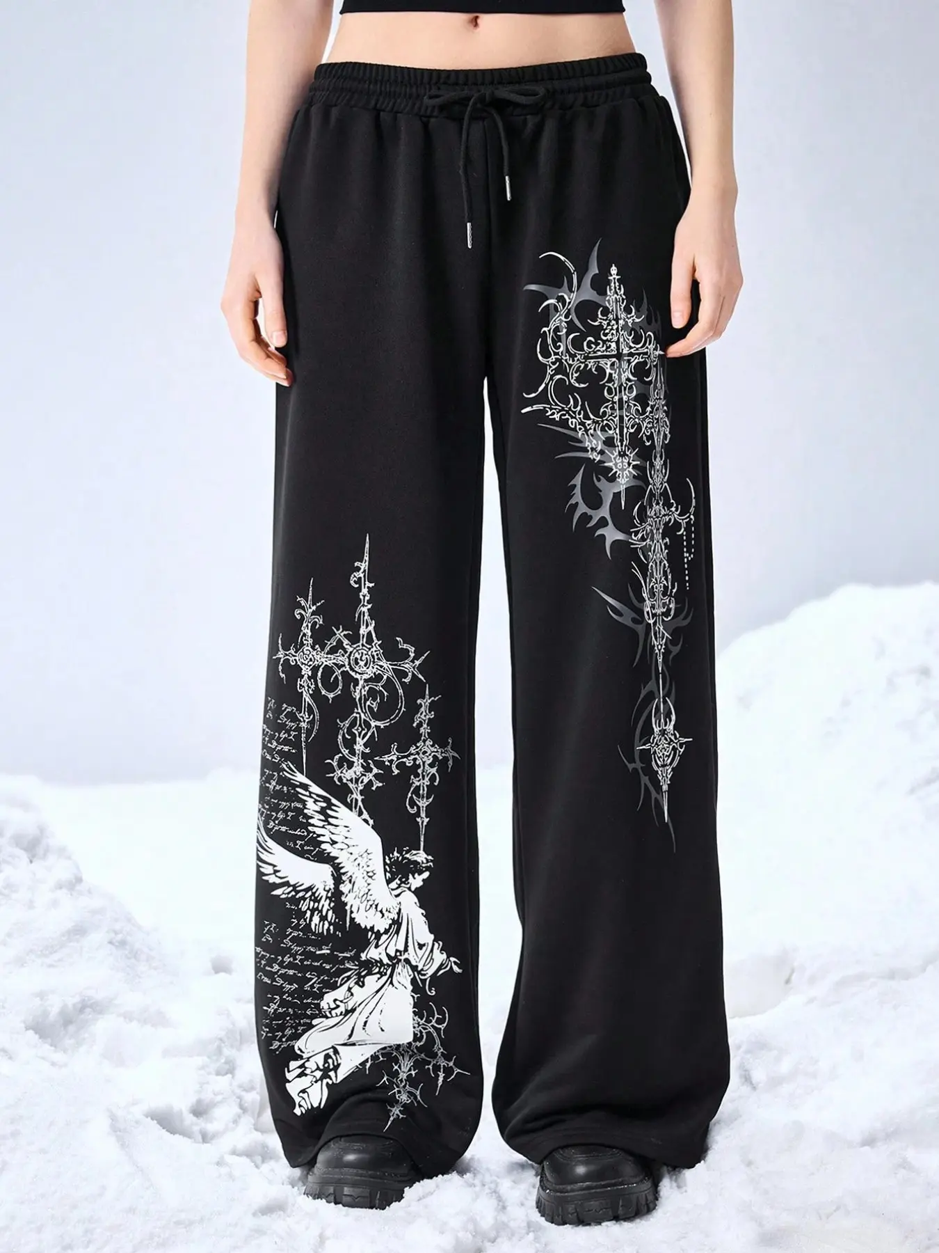 Viral Y2K Goth Dark Academia Baggy Jogger Pants, Printed Sweatpants, Bottoms, Angel & Intricate Cross Graphic Print, Versatile Easy Style, Slouchy Relaxed Fit, Edgy Grunge Vibe, Ideal for Daily Wear & Street Snap, All-Black Stateme