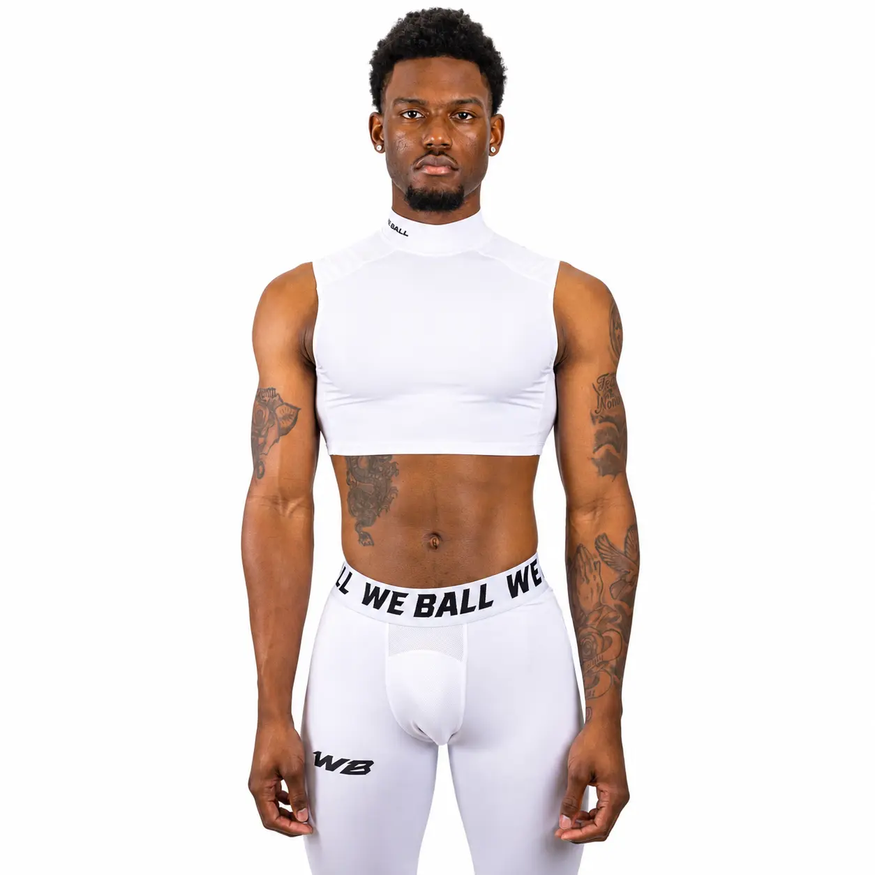 We Ball Sports Mens Compression Turtle Neck Crop Tank Top (White) Stretchable Activewear, Tight Sports Vest