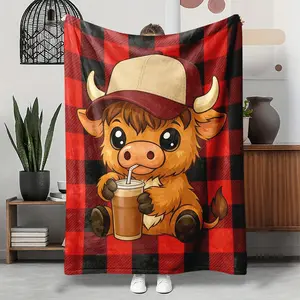 Cozy Flannel Blanket, Cute Highland Cow Drinking Drink Plaid Print Warm Throw, Soft Plush for Home Couch Bed, Kawaii Cow Lover Gift & Bedroom Decor Accessory