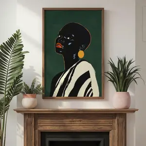 Vintage Hand-Printed Large African Wall Art Poster - Unframed Black Woman Paper Print, Green-Tone Afrocentric Decor, Multi-Size Single Sheet for Sofa Room (Tape-Installed)