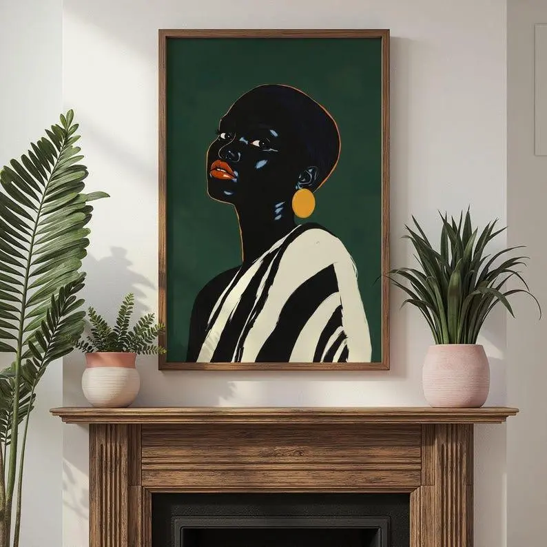 Vintage Hand-Printed Large African Wall Art Poster - Unframed Black Woman Paper Print, Green-Tone Afrocentric Decor, Multi-Size Single Sheet for Sofa Room (Tape-Installed)