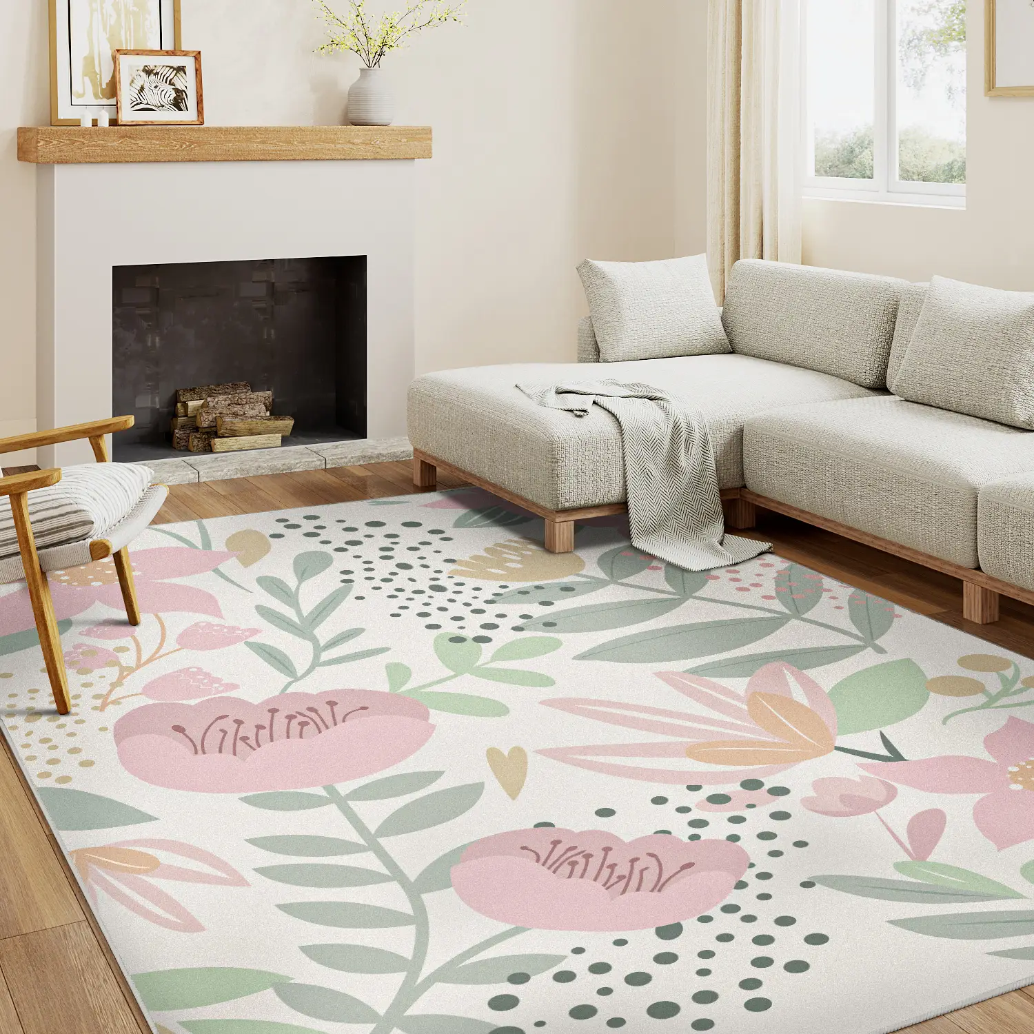 WondRg Pink/Green Pet Friendly Area Rug Boho Living Room Rug Floral Washable Bedroom Carpet Non Slip Winter Indoor Rug Large Low Pile Accent Rug Lig