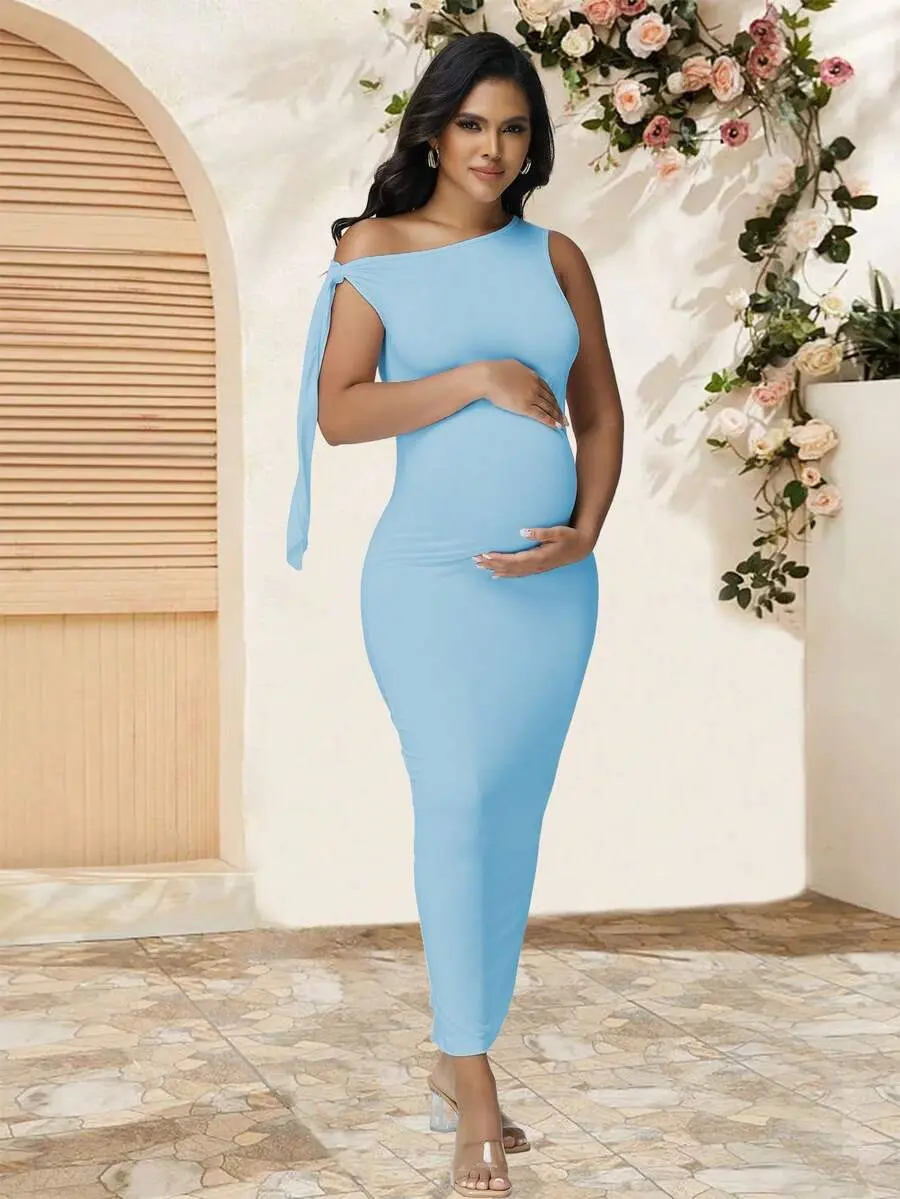 JOYCEE Asymmetric Neckline Fitted Maxi Dress For Pregnant Women, Elegant  Solid Color Party Gown, Suitable For Baby Shower And Photo Shoot Spring -  TikTok Shop