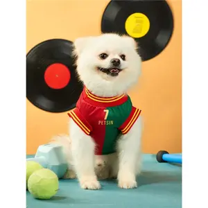 Portuguese Pet Cat/Dog Soccer Jersey, Red & Green Color Block Design With Printed Stripes, Contrast Ribbed Cuffs, Suitable For All Pets