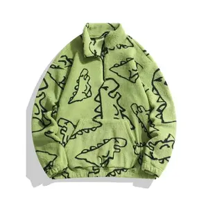 Men's Dinosaur Print Drop Shoulder Zip Up Plush Hoodie, Regular Fit Casual Long Sleeve Stand Collar Sweatshirt for Fall & Winter, Men's Clothes for Daily Wear Menswear Tops
