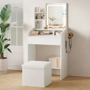 WeCharmer Vanity Desk Set with Mirror – Modern Minimalist Bedroom Furniture with Integrated Storage & Collapsible Storage Stool