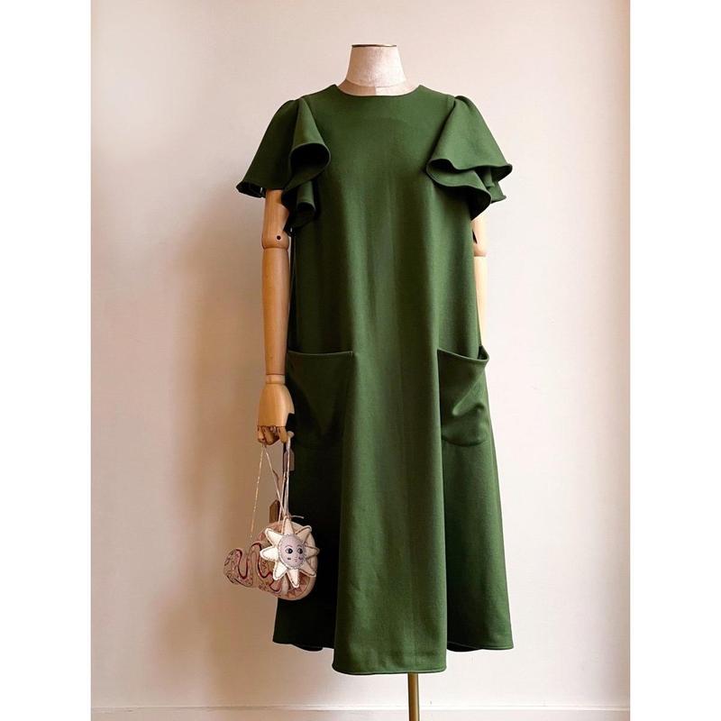 Green Wool Chore Dress with Flutter Sleeve and Patch Pockets