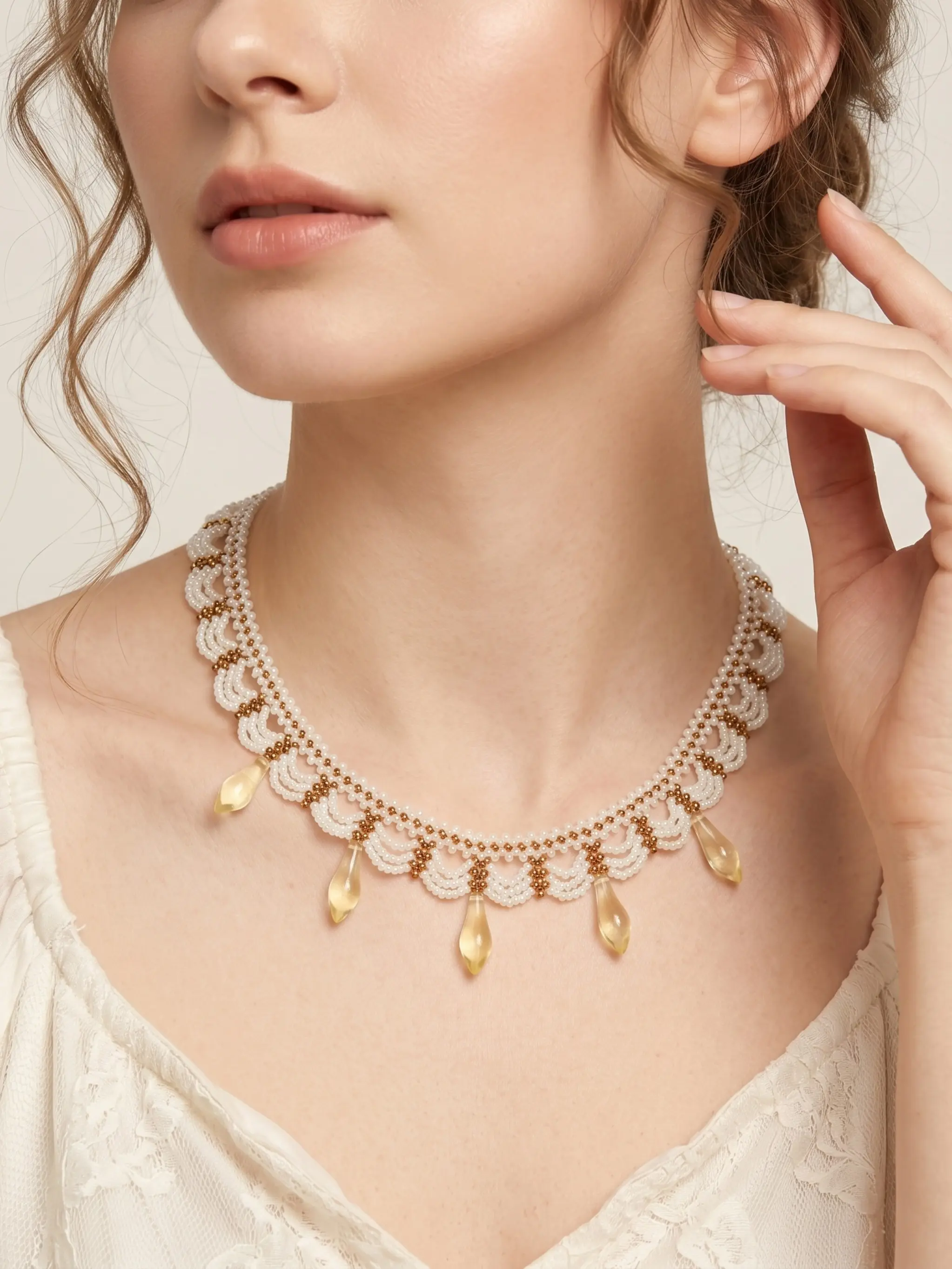 Vintage Gold Braided Necklace, Amber Tear Drop Pendant Choker, Handmade High-End Jewelry, Light Academic Style Necklace