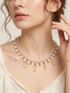 Vintage Gold Braided Necklace, Amber Tear Drop Pendant Choker, Handmade High-End Jewelry, Light Academic Style Necklace
