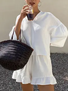 Summer Casual Knit Two-Piece Set, Ruffled Hem Shorts & Loose-Fit Top, Easy-Going Style, Perfect for Daily Wear & Outdoor Activities