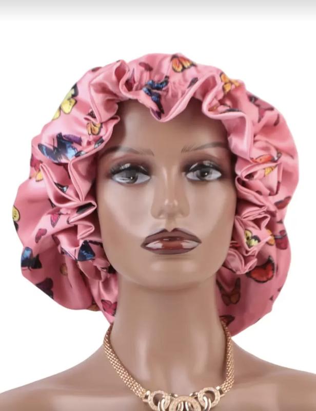 Double-Layered Butterfly Pattern Fashionable Sleep Cap Silk Satin Bonnet for Comfortable Night Sleep Pink