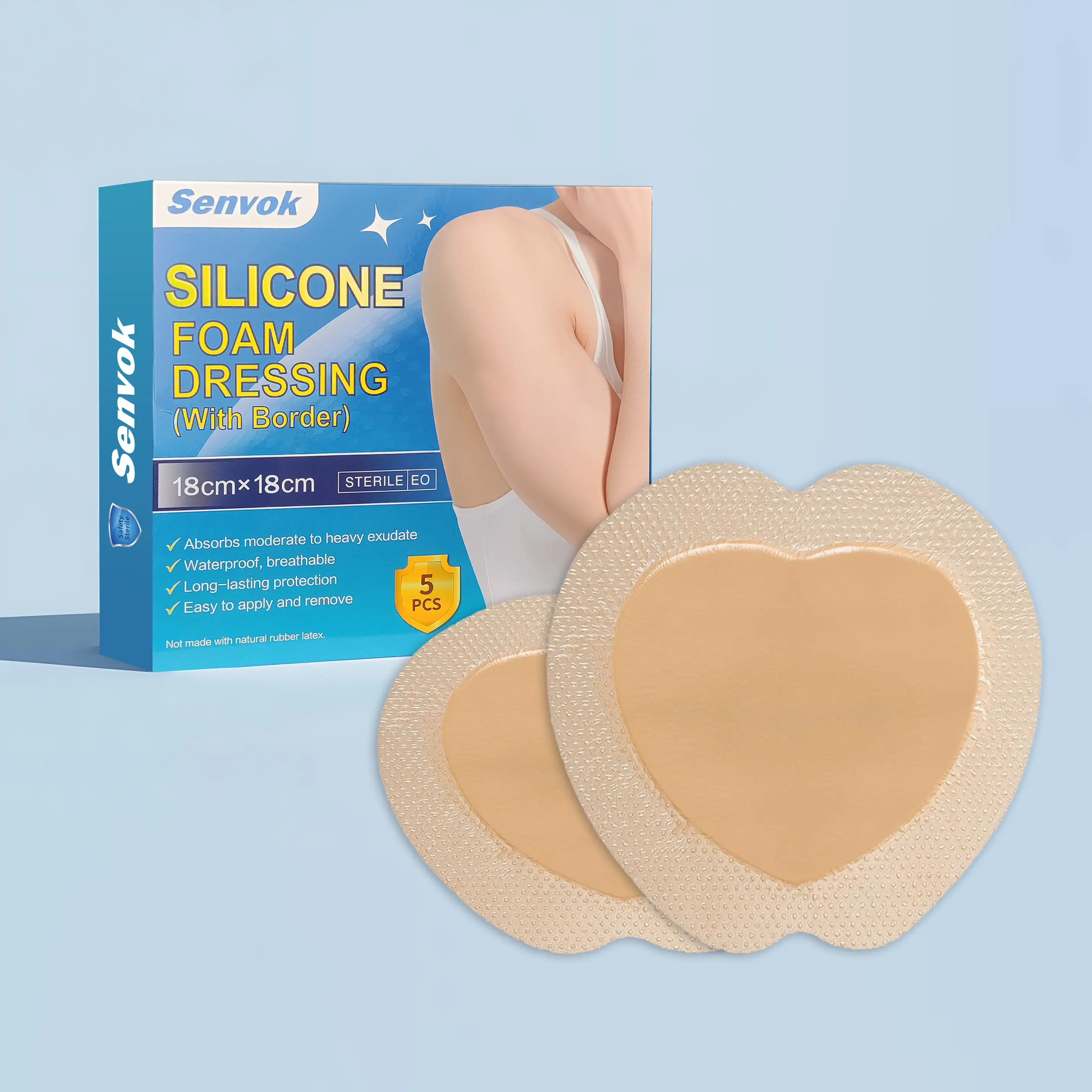 Senvok Silicone Foam Dressing 18cm x 18cm with Border Sterile 5 pcs Absorbent Waterproof Breathable Long-lasting Protection Easy Application and Removal