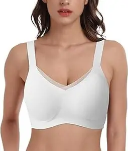 Runilut Women's Wireless Bras Lace V Comfortable Bralette Supportive Bra No Underwire Seamless Push Up Everyday Bras with Wide Straps and 360° Support