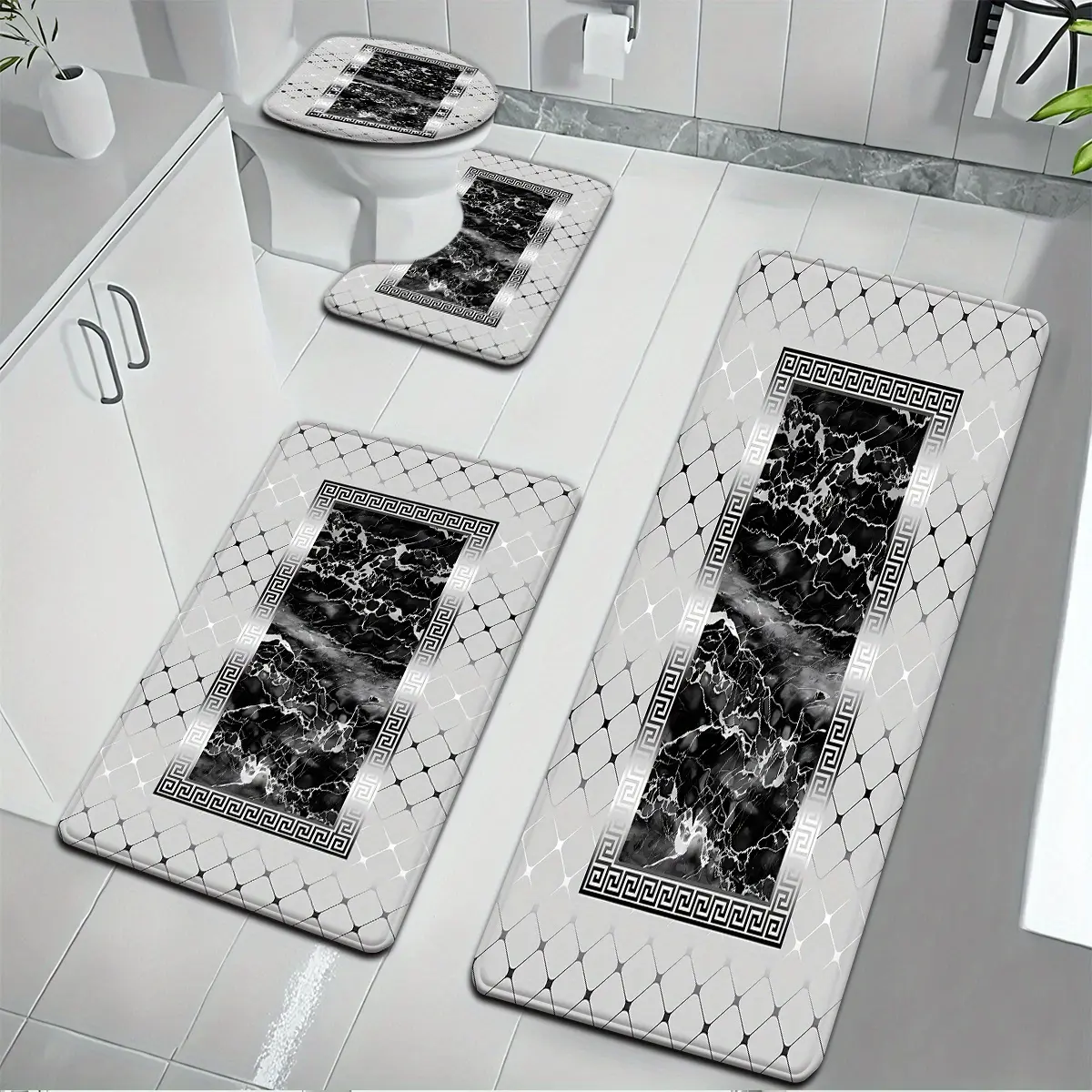 3pcs/4pcs Bathroom Mat Set with a White Background, Black Mesh Border, And Black And White Marble Pattern, Including a Toilet Seat Cover And U-Shaped Foot Mat