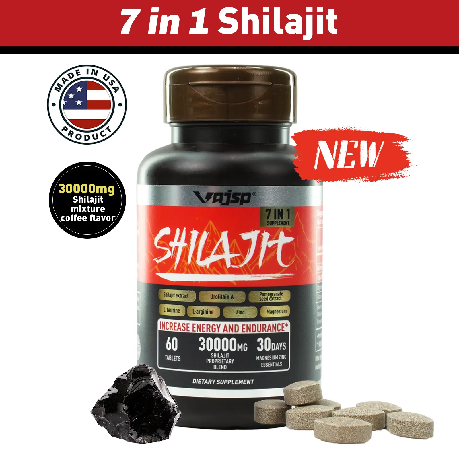 Vajsp Shilajit 7-in-1 Energy & Endurance Supplement - Natural Ingredients for Increased Energy, Stamina, and Wellness - Supports Daily Performance -Mu